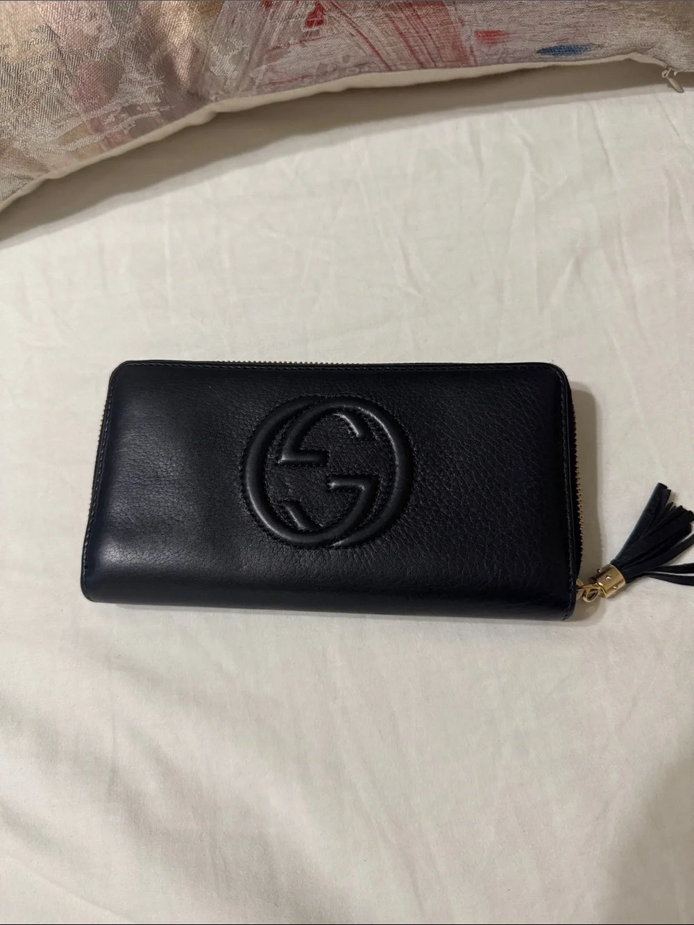 Gucci Black Leather Zip Around Wallet with Tassel